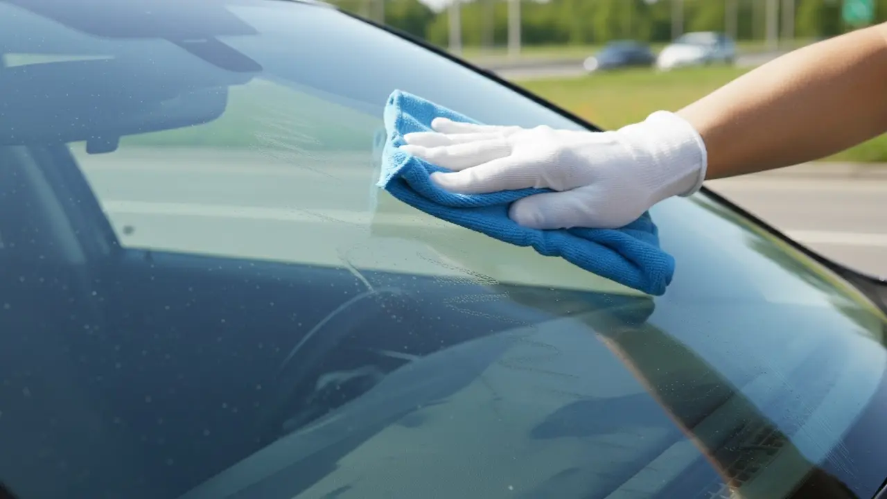 Hænder med bomuldshandsker pudser forrude i zigzag, top til bund.