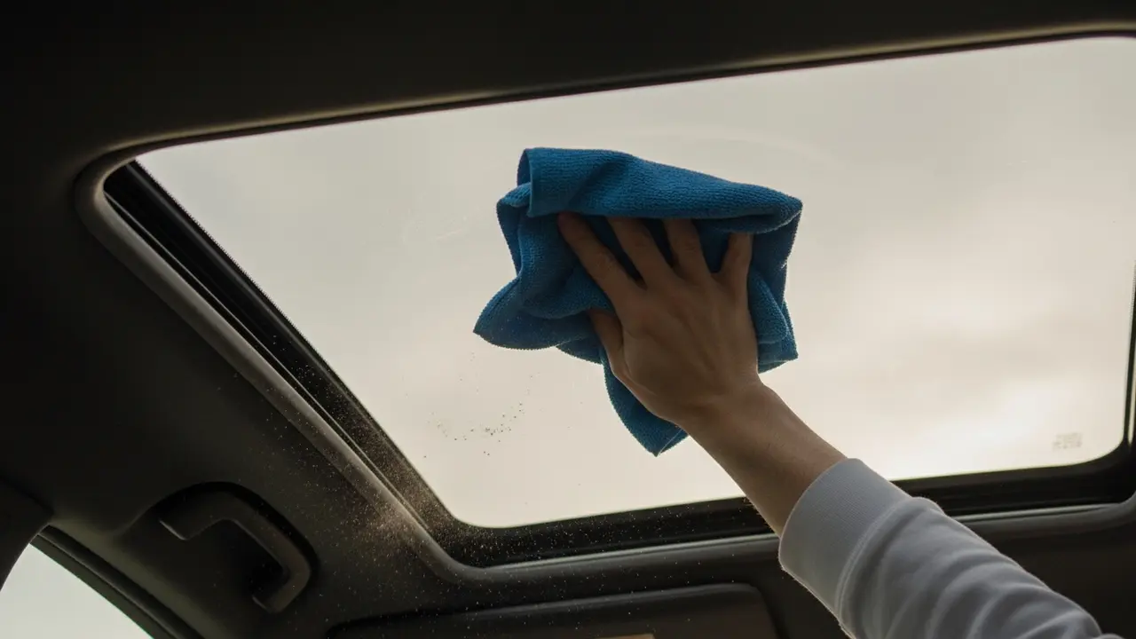 Rensning af soltag set indefra med mikrofiberklud mod glasset.