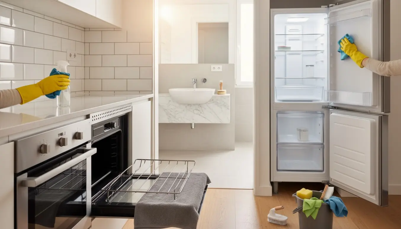 Nærbillede af rengøring i køkken med handsker, klud og åben dør til et skinnende badeværelse i baggrunden.