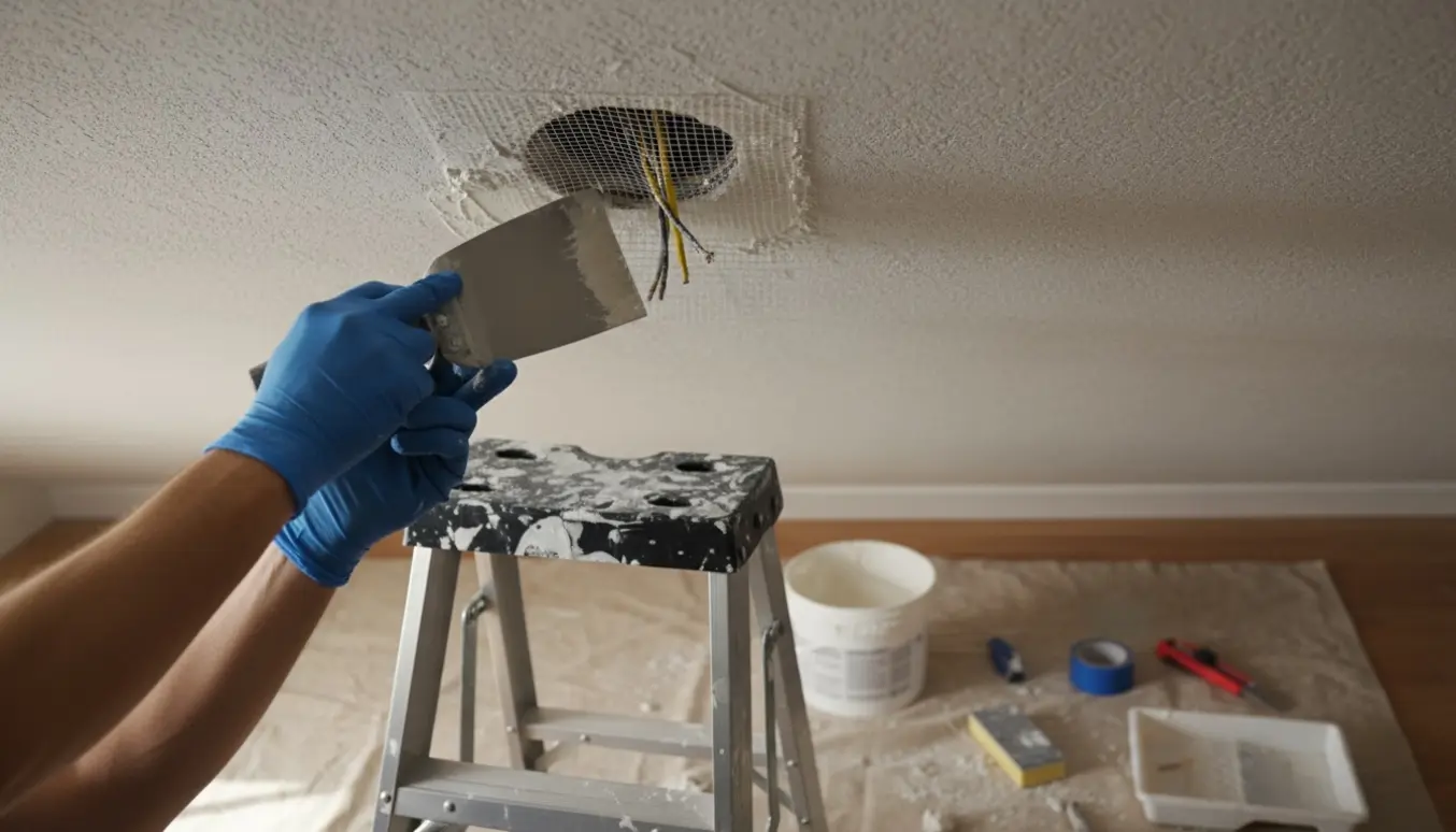 En hånd spartler et hul i loftet med glasfibermåtte, hvor kun elektriske ledninger stikker ud.