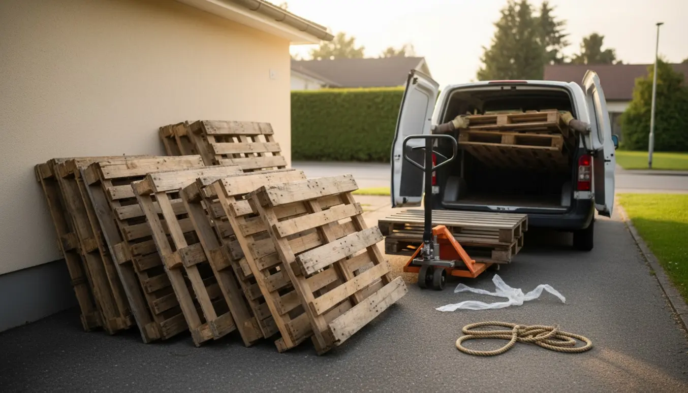 En varevogn læsser gamle træpaller i forskellige størrelser i en indkørsel.