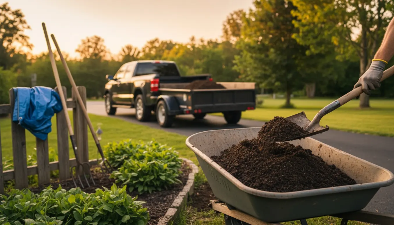 Trillebør og skovl læsser jord op i en trailer på indkørslen under haveoprydning.