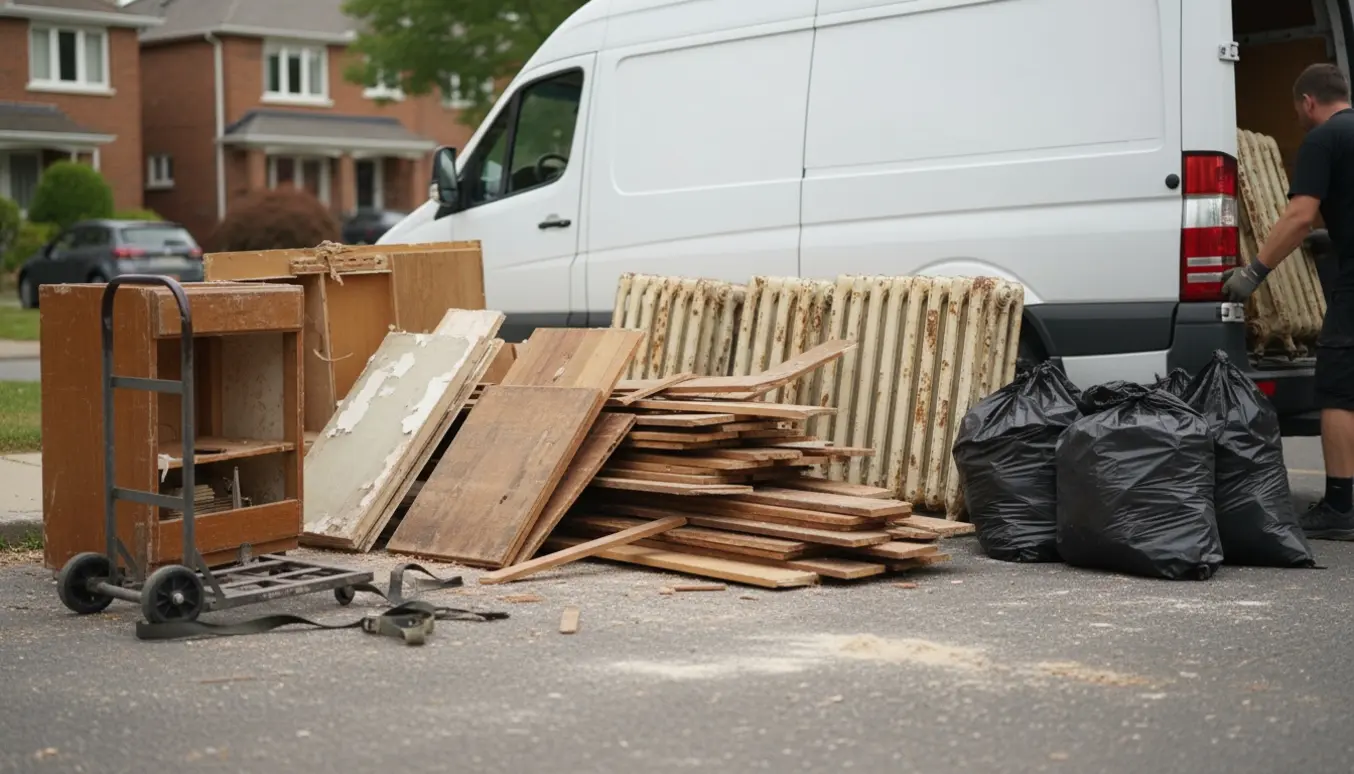 Stak gulvbrædder, vægbrædder, 5–6 radiatorer og fyldte affaldssække ved en varebil klar til afhentning.