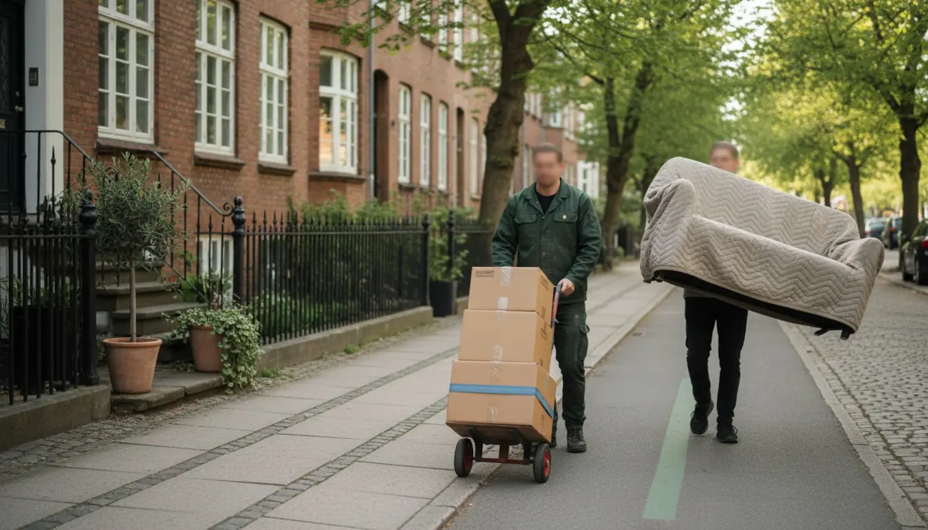 To personer bærer en topersoners sofa og flyttekasser langs en solrig gade i Frederiksberg.