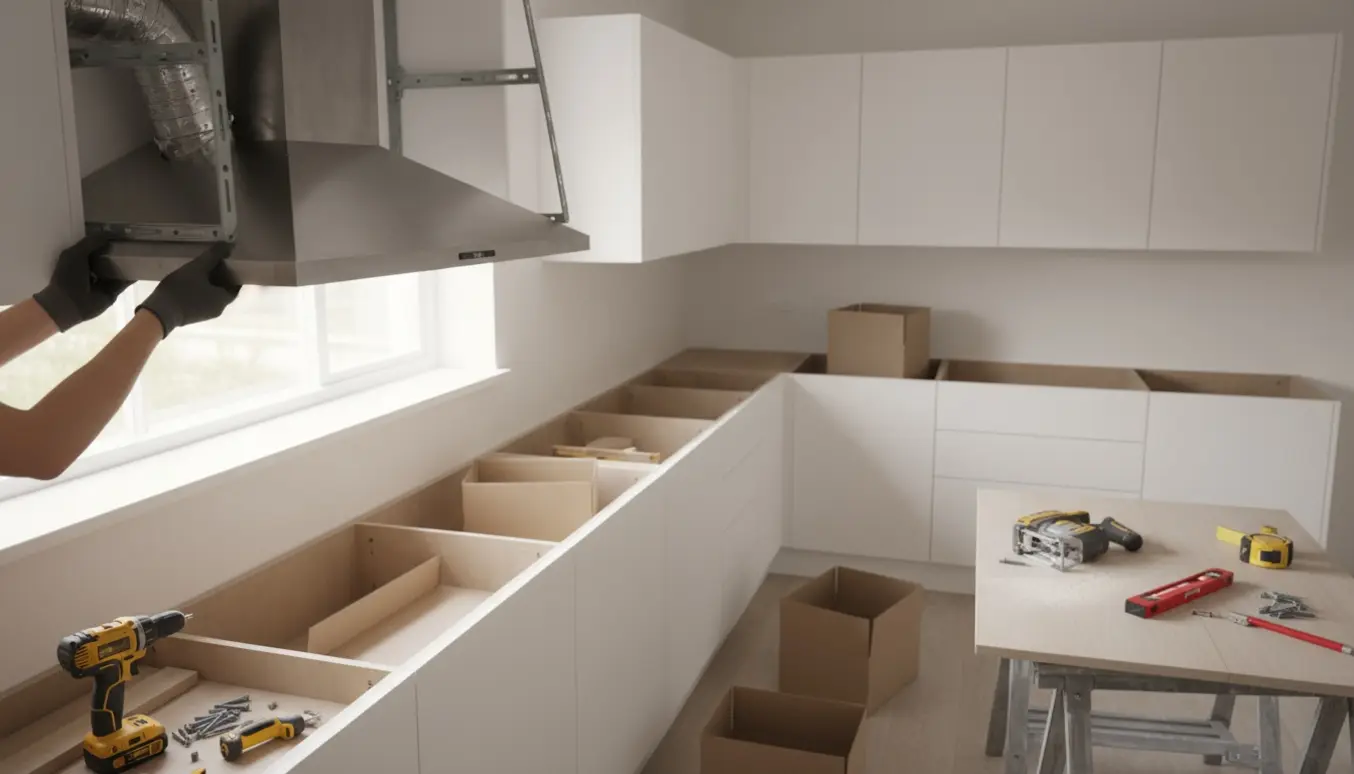 L-formet køkken under montering, med emhætte på vej til at blive sat op og en tilskåret bordplade på arbejdsbuk.