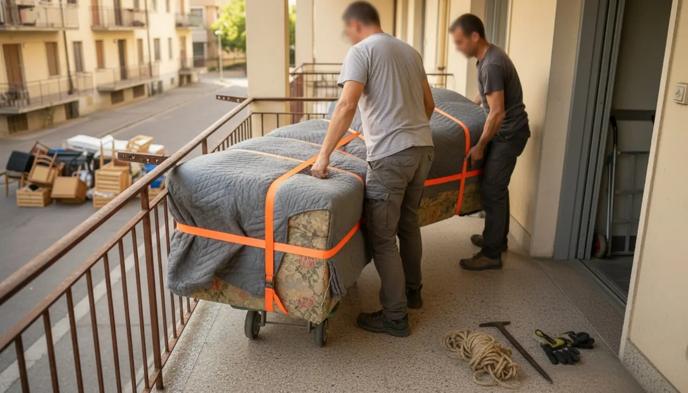 Gammel sofa deles og bæres ned fra tredje sal mod storskrald på gaden.