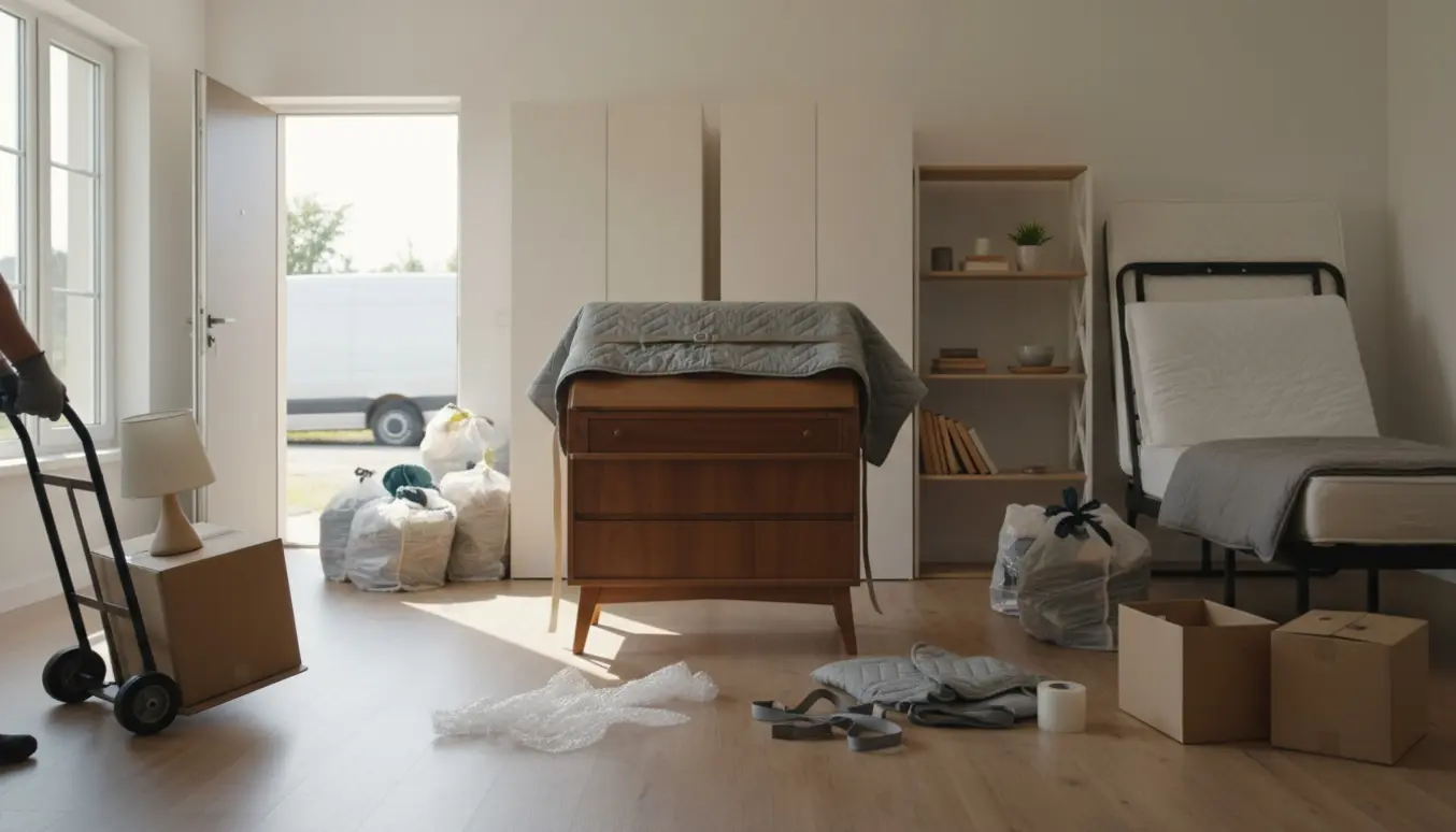 Stue med chatol, reoler, skabe, enkeltseng og fyldte sække klar til genbrugsstationen.