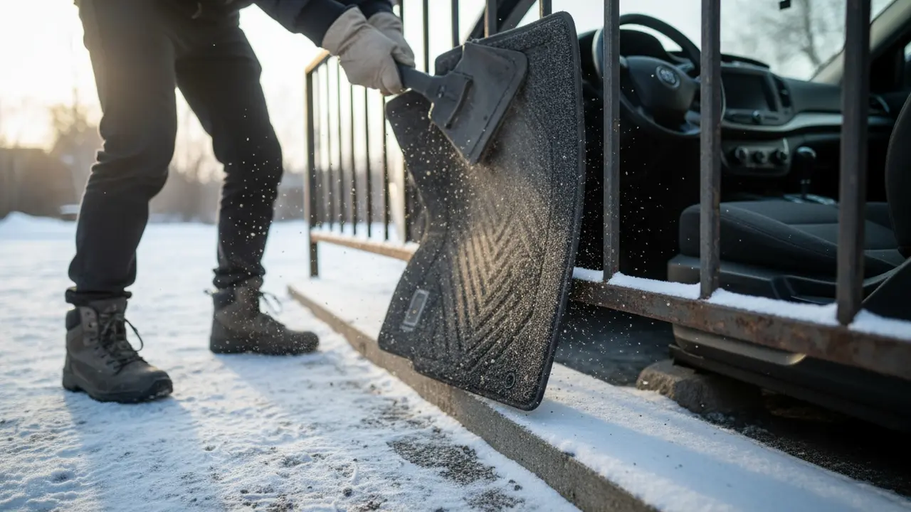 Person banker en bilmåtte for at få løstsiddende snavs til at falde af
