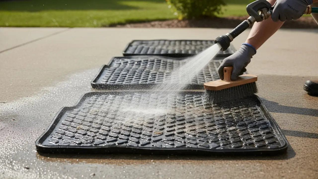 Gummimåtter skylles og skrubbes med højtryksslange og stiv børste på indkørsel