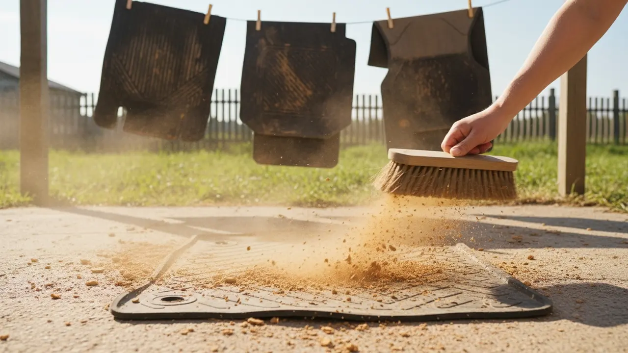 Tørret mudder børstes af en bilmåtte, måtter hængt til tørre i baggrunden
