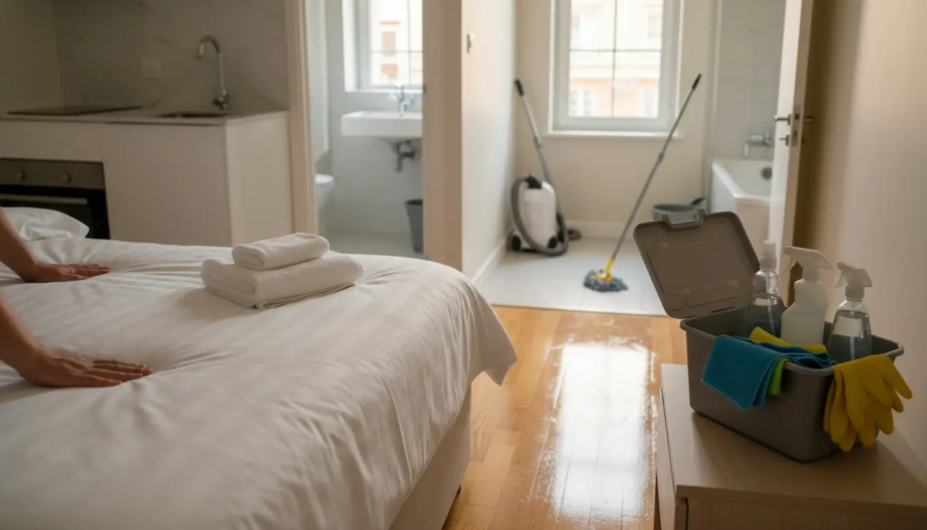 Solbelyst lejlighed med nystrøget sengelinned, rengøringsmidler i forgrunden og et skinnende køkken og badeværelse.