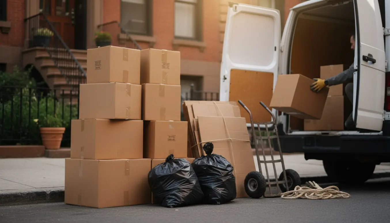 Bunke med flyttekasser, sammenbundet pap og sække ved en åben varevogn om aftenen.