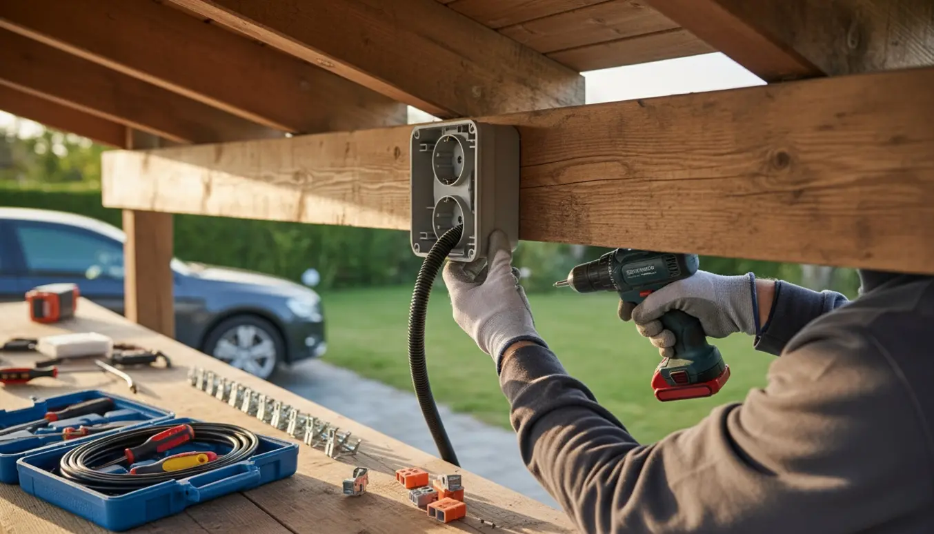 Hænder i arbejdshandsker monterer en vandtæt dobbeltstikkontakt under carportens tag.