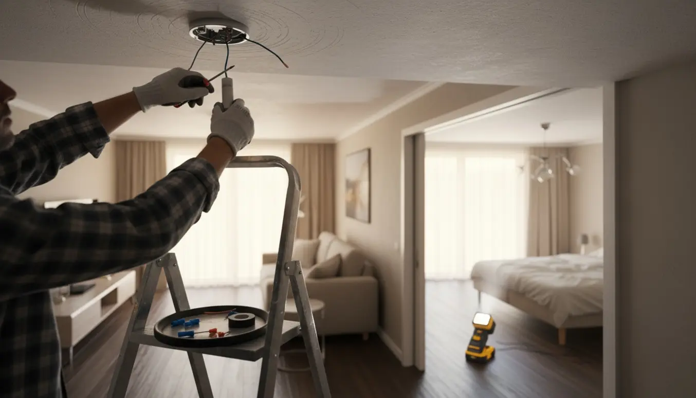 Person uden synligt ansigt skifter loftslamper i to tilstødende rum med stige og værktøj.
