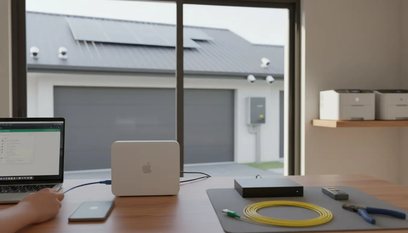 Hjemmeopsætning af nyt fibernet med Mac, iPhone, router, solinverter og udendørs kameraer.
