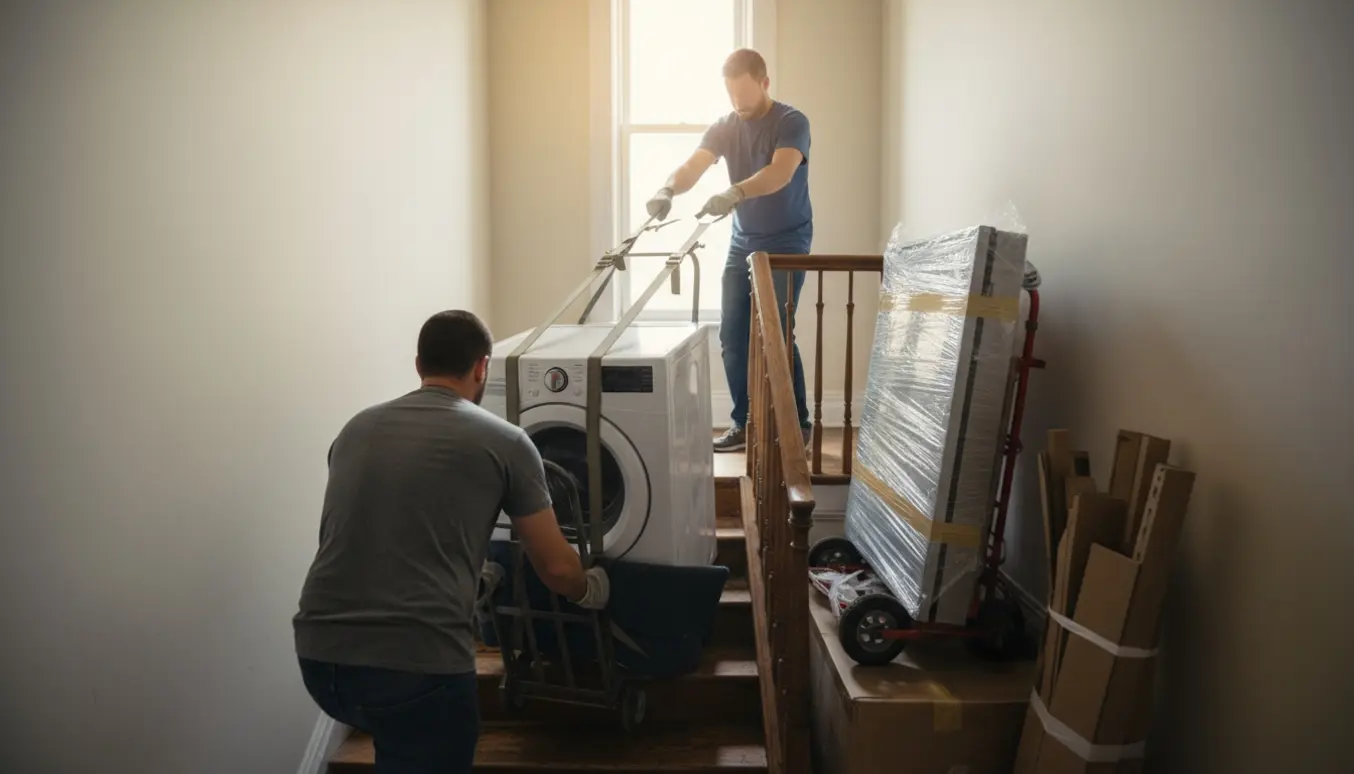 To personer løfter en vaskemaskine op ad en trappe til 2. sal uden elevator, med møbler og et indpakket tv i baggrunden.