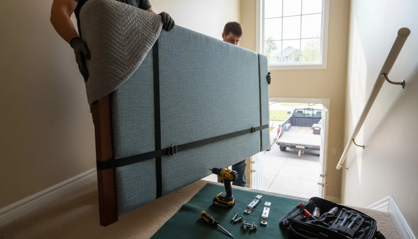 To personer bærer en bred sengegavl ned ad en opgang med værktøj og tæppe, klar til at blive kørt på genbrugspladsen.