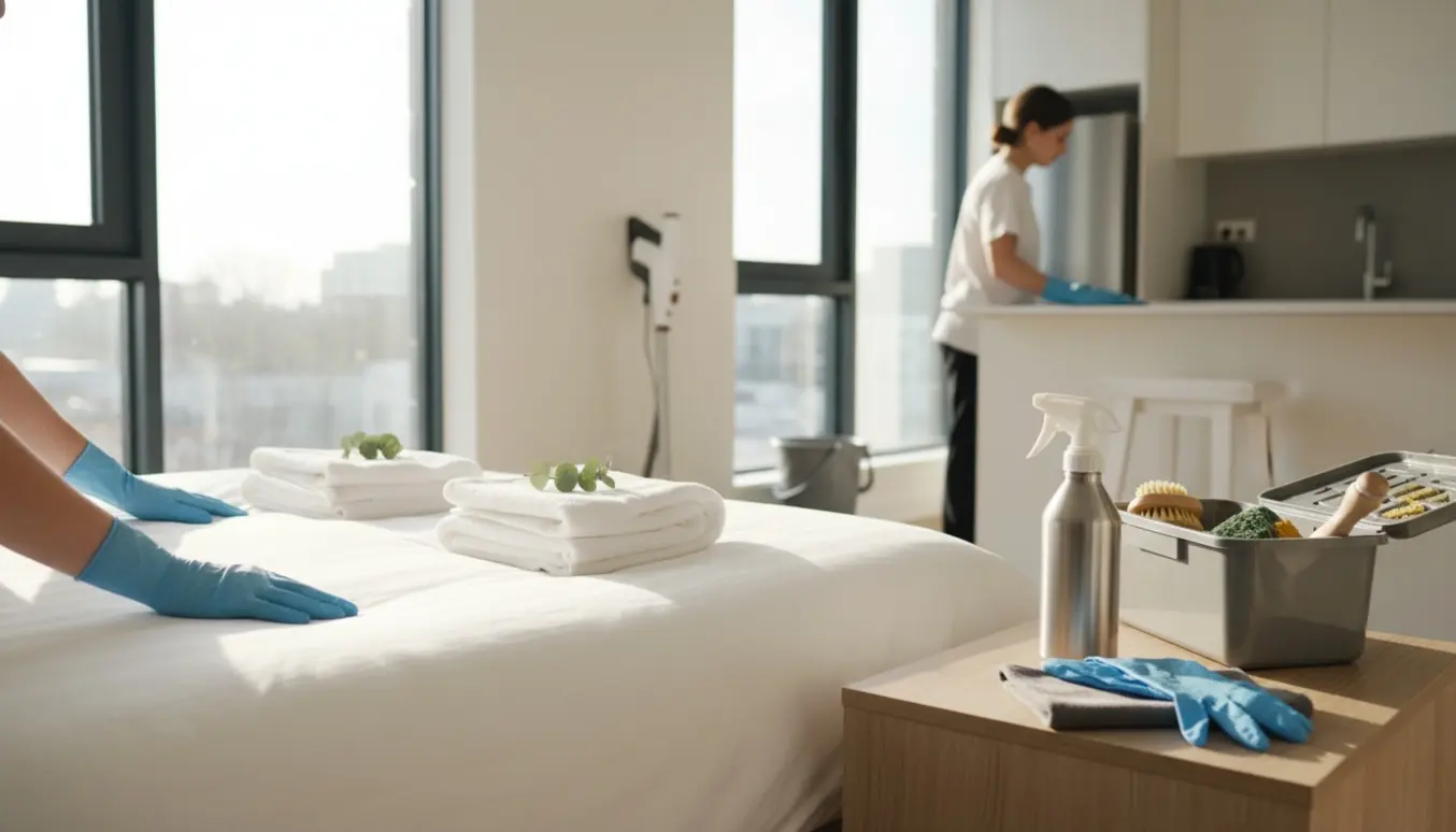 Hænder i handsker retter en nyopredt seng i en lys Airbnb-lejlighed med rengøringsudstyr.