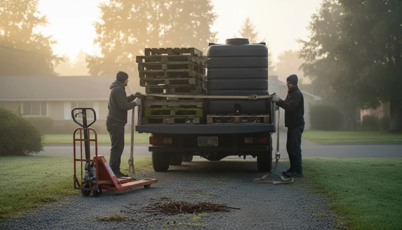 Tidlig morgen i en indkørsel hvor arbejdshandskede hænder læsser omkring ti rådne paller og en stor sort regnvandstank på en pickup.