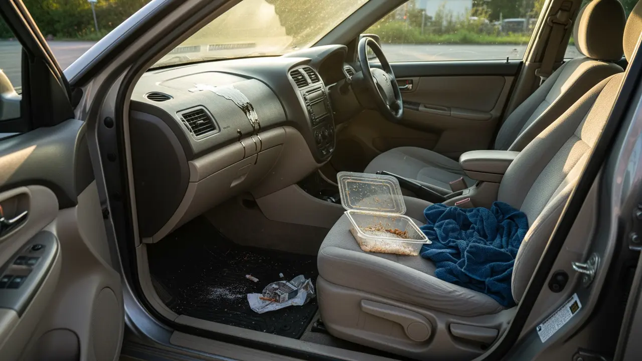 Bilinteriør med åben dør og synlige lugtkilder: kaffespild, cigaretpakke og fugtig klud