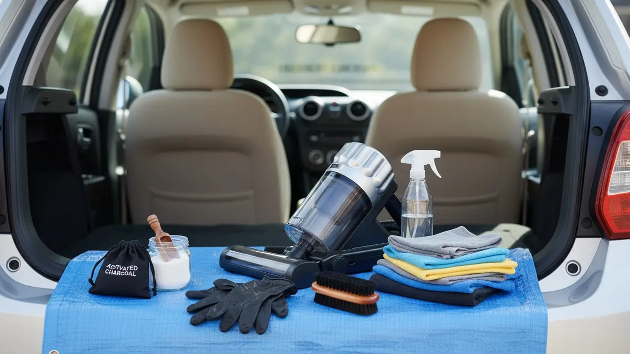 Rengøringsudstyr ved bil: støvsuger, mikrofiberklude, sprayflaske, natron og handsker
