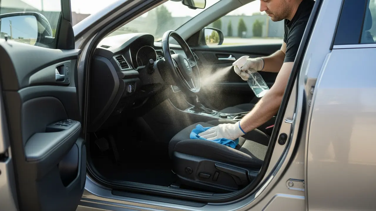 Person sprayer eddike-vandblanding på bilsæde og tørrer af med mikrofiber, bildøre åbne