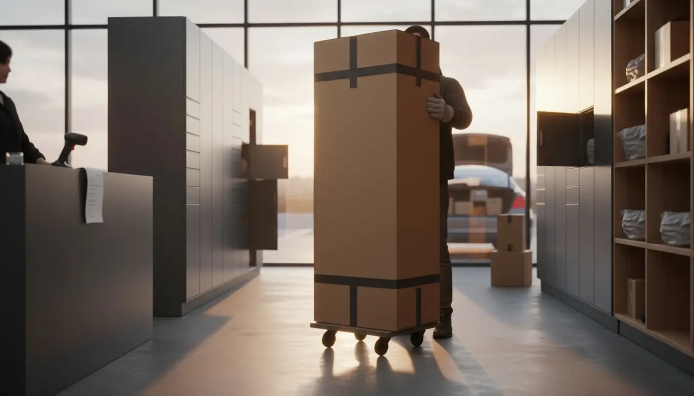 En person henter en stor, høj kasse på et moderne pakkecenter, kassen står på en vogn foran rækker af pakkebokse.