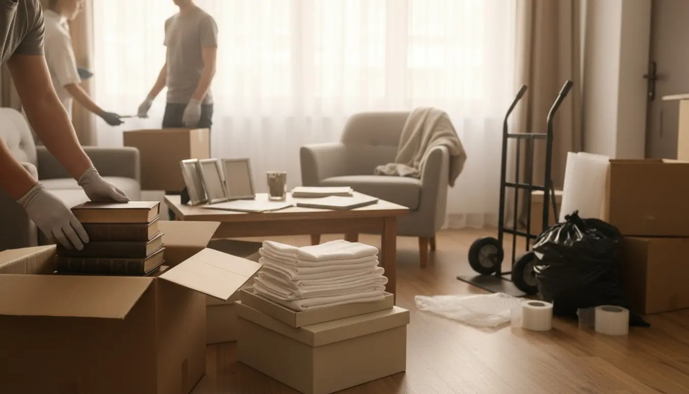 Hænder med handsker pakker bøger og møbler i kasser i en solbeskinnet stue under rydning af dødsbo.