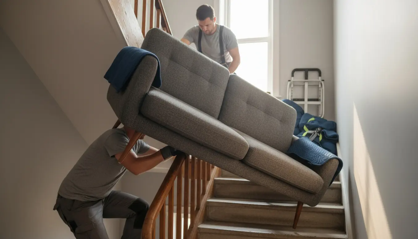 To flyttemænd bærer en sofa op ad en smal trappe i samme boligbygning, med flyttetæpper og sækkevogn på landingen.