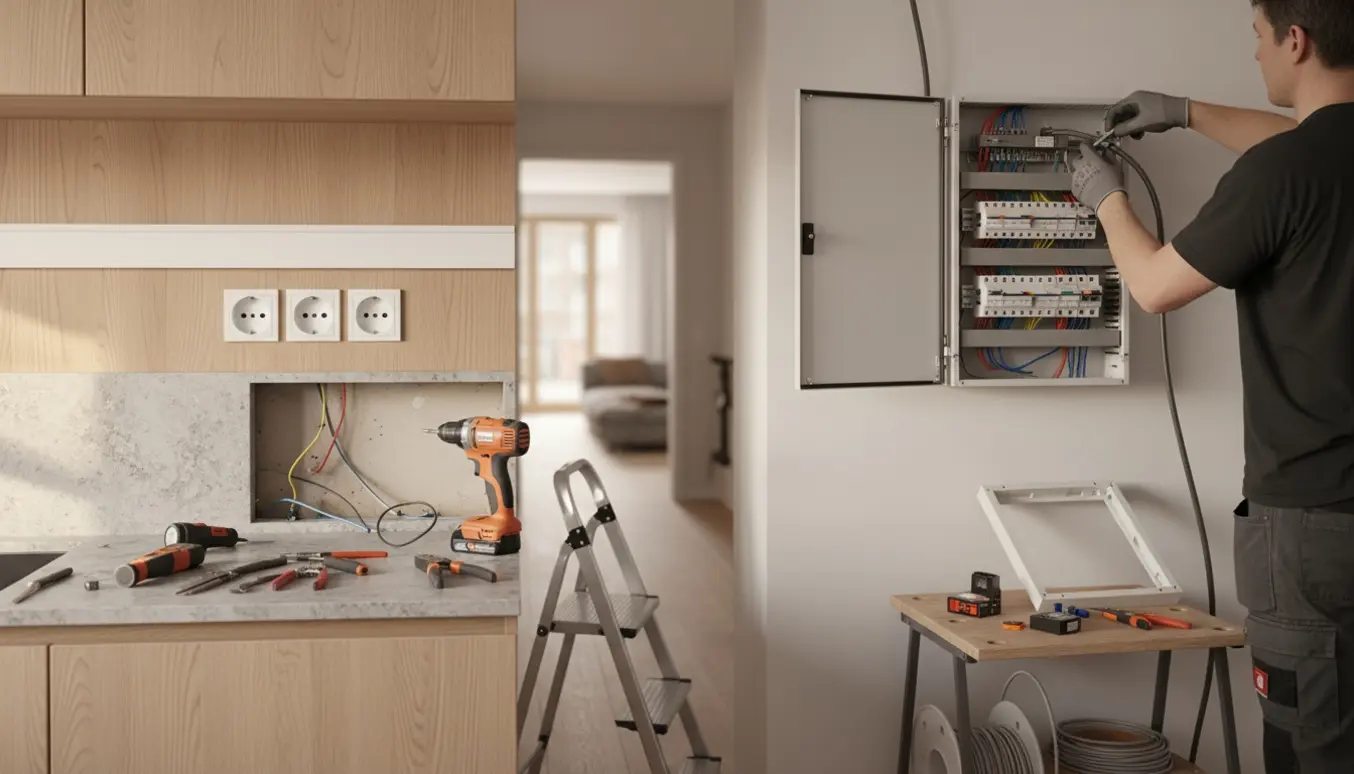 Elektriker installerer ny eltavle og hæver stikkontakter over køkkenbordet i en lejlighed.