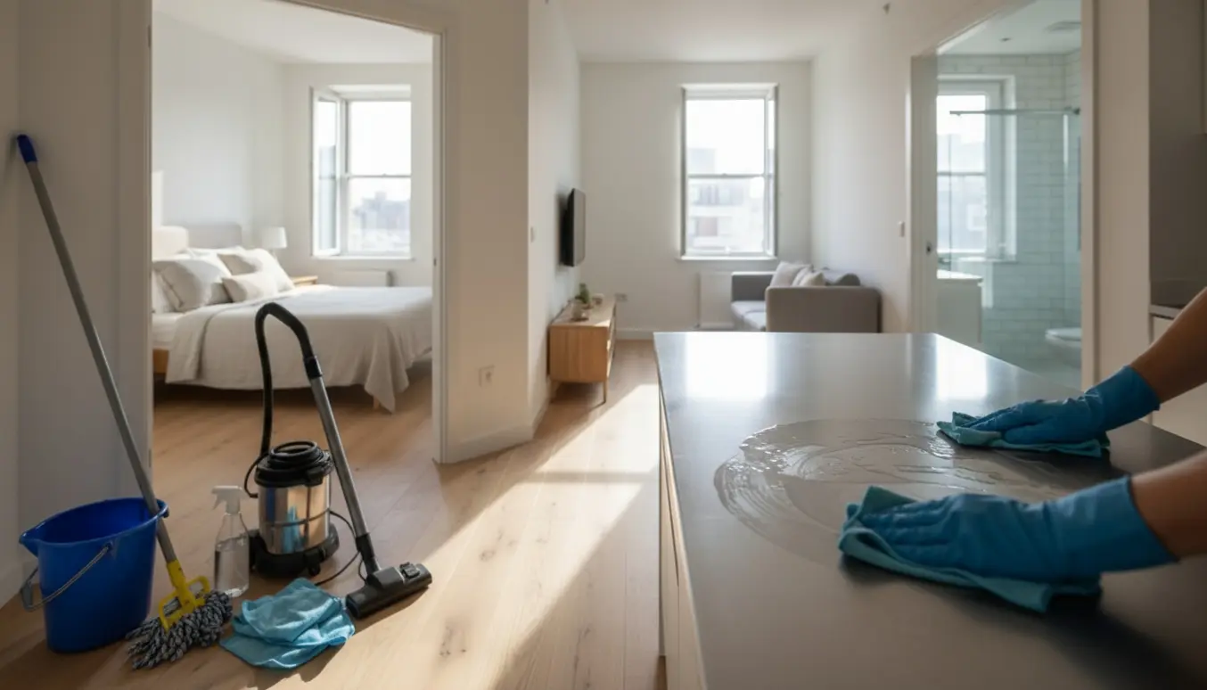 Nyvasket lejlighed med rengøringsudstyr og hænder, der pudser køkkenbord.