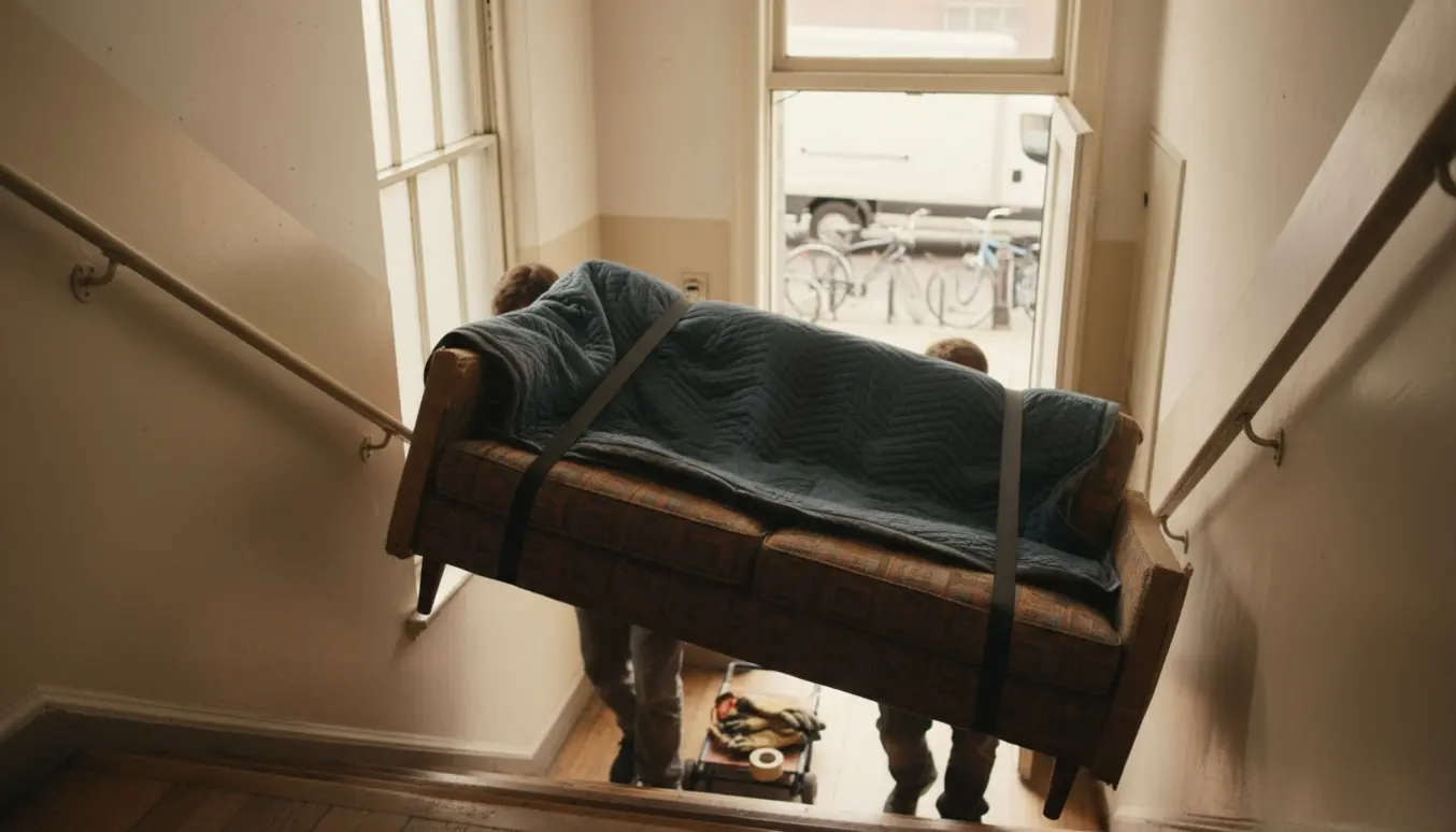 To personer bærer en indpakket sofa op ad en opgangstrappe med flytteudstyr og en flyttebil i baggrunden.