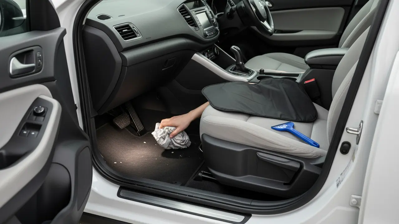 Person fjerner skrald fra under bilsæde, ryddet interiør med isskraber og solskærm