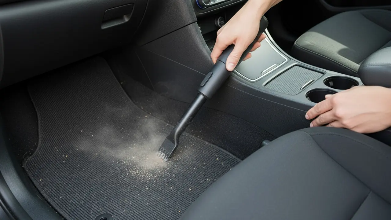 Håndstøvsuger med mundstykke renser bilens måtte og sædesømme