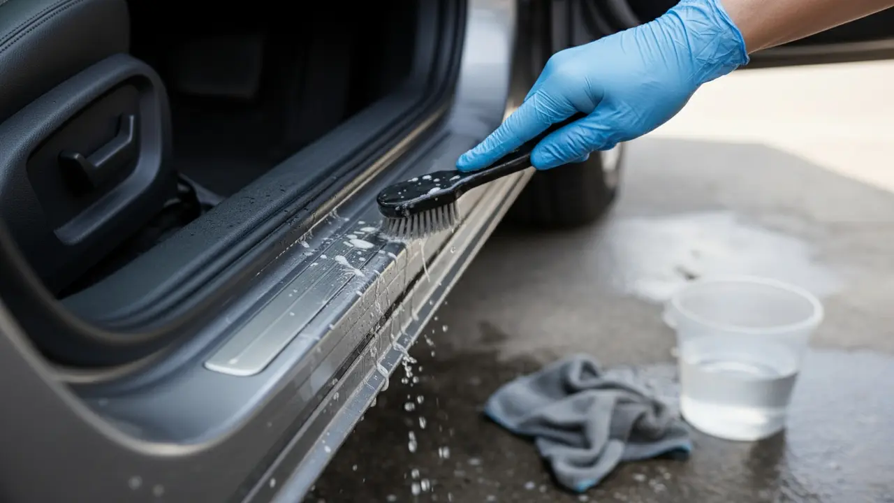 Nærbillede af børste, der rengør bilens dørkarm og gummiliste med sæbe