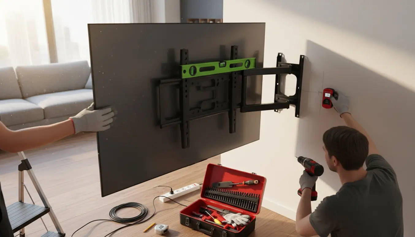Hænder monterer et fladskærms-tv på en væg med værktøj og værktøjskasse ved siden af.
