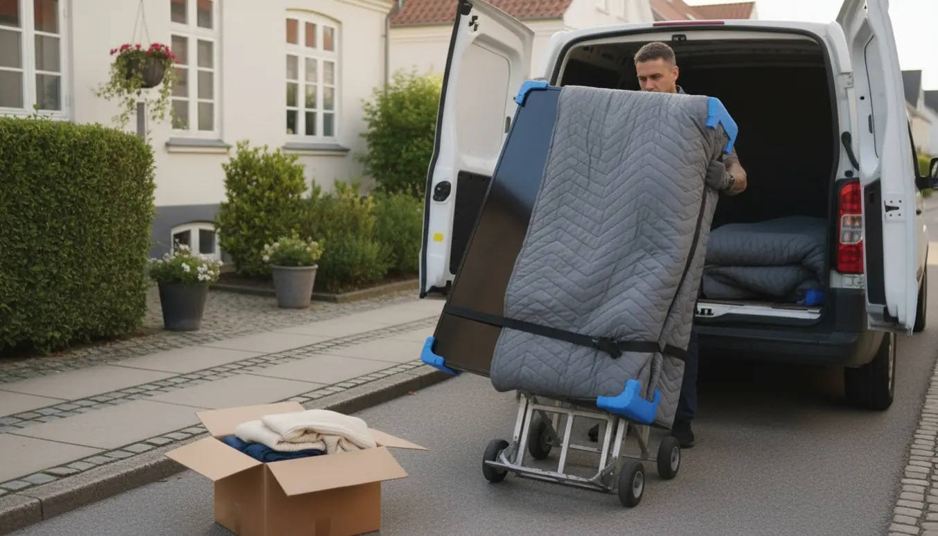 Et fladskærm-TV pakket i flyttetæppe på en tralle ved en åben varevogn klar til transport.