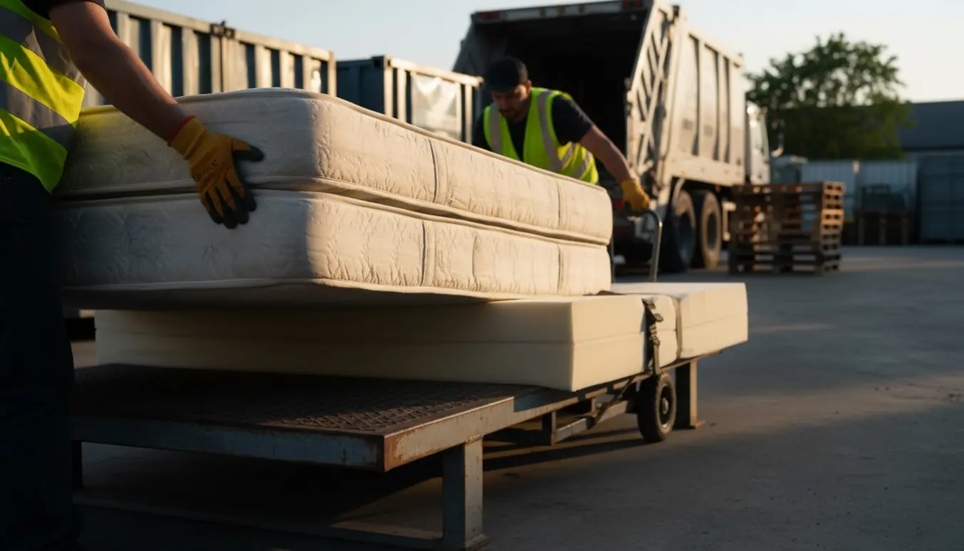 En lille dobbeltsengsmadras og en topmadras løftes på omlasteren ved en genbrugsstation.