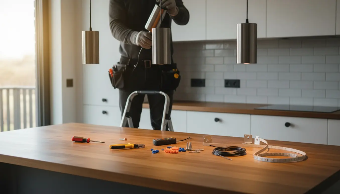 Elektriker afmonterer underkabinetlys og monterer tre pendellamper i et moderne køkken med stikkontakter med lysdæmpere.