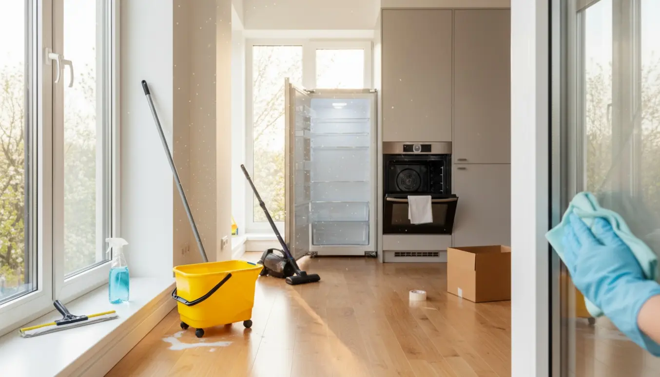 Tom lejlighed med flytterengøring i gang: handsker, moppe, støvsuger, åben ovn og køleskab i klart dagslys.