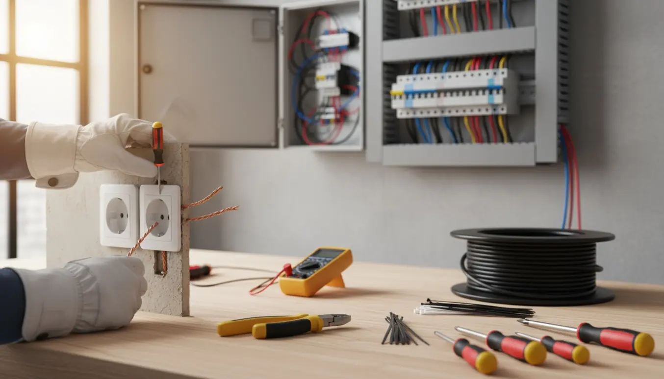 Nærbillede af elektrikerens hænder, der installerer en stikkontakt med værktøj og en åben eltavle i baggrunden.