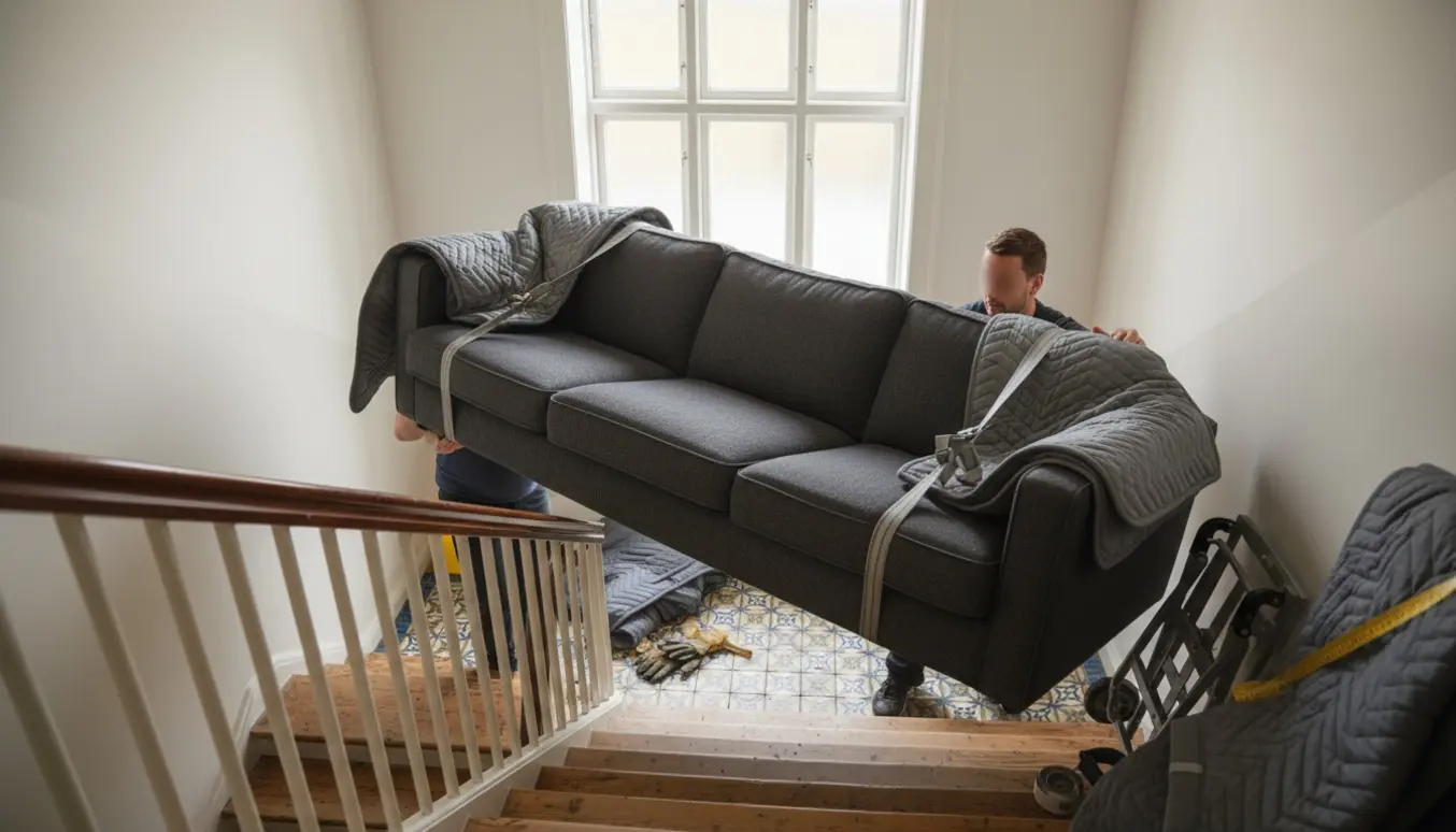 To flyttemænd bærer en stor, mørkegrå sofa gennem en snæver trappe i en lys lejlighed, pakket i flyttetæpper.