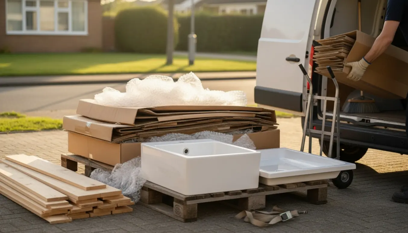 Stak papkasser, træplanker, en keramisk vask og brusebakke ved indkørsel klar til afhentning.