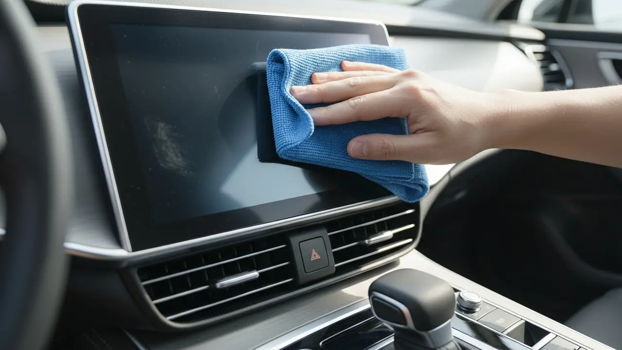 Hånd tørrer bilens touchskærm med mikrofiberklud, før/efter synligt.