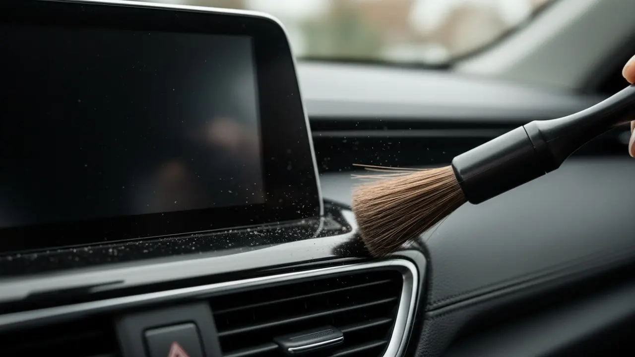 Detaljebørste fjerner støv fra kanten af bilens touchskærm i nærbillede.