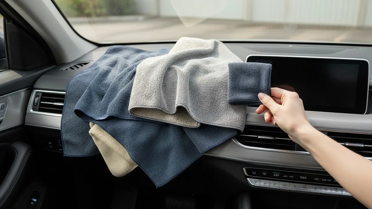 Forskellige tætvævede mikrofiberklude vist med teksturdetalje og en hånd.