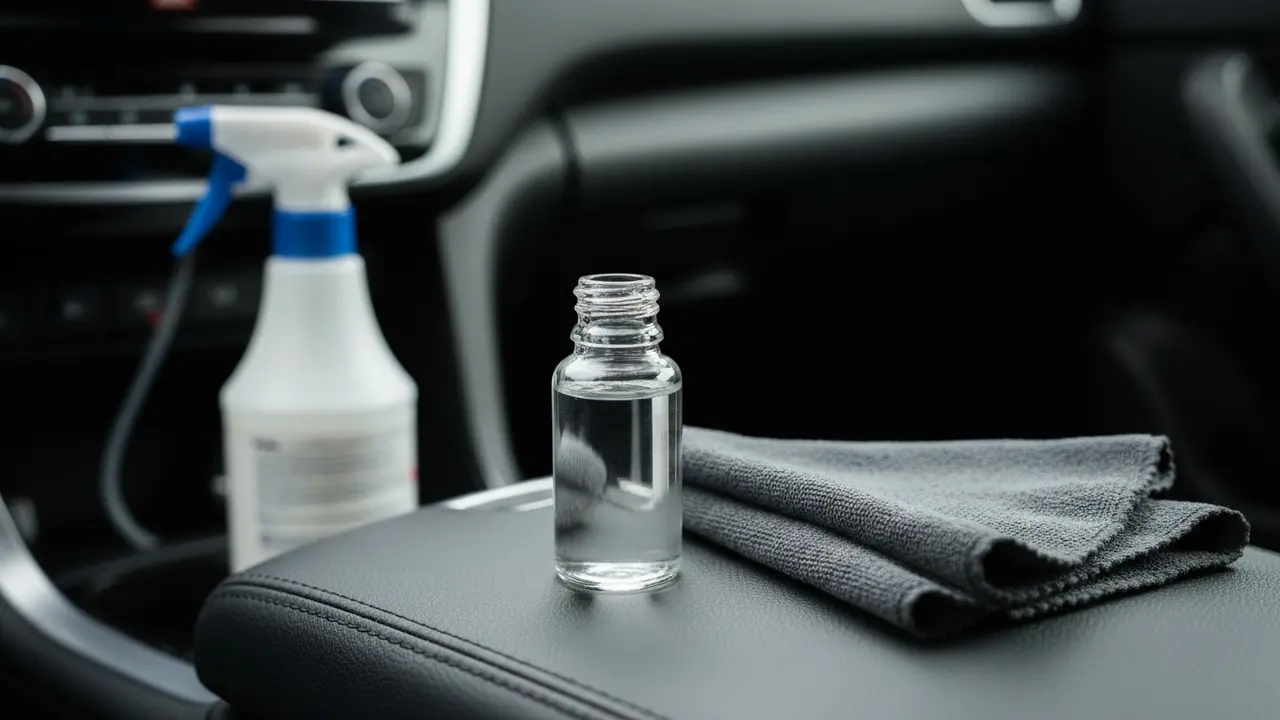 Skærmsikker rengøringsflaske og mikrofiberklud på bilens midterkonsol, husrens sløret i baggrunden.