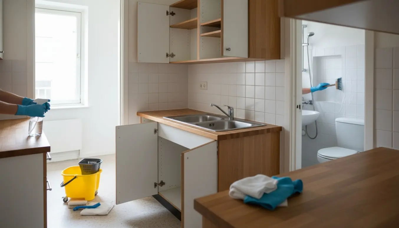 Rengøringsudstyr og handsker i brug mens et lille køkken og et flisebadeværelse bliver grundigt fraflytningsrengjort.
