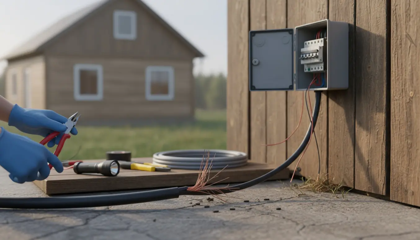 Et gnavet elkabel mellem hus og værksted med værktøj og multimeter i forgrunden.