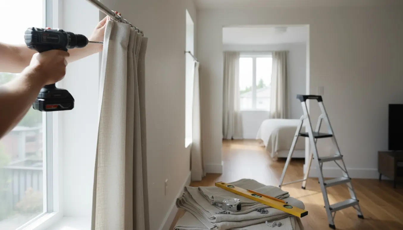 Hænger gardiner op i stuen med soveværelse synligt gennem en åben dør, værktøj og gardinstang på gulvet.